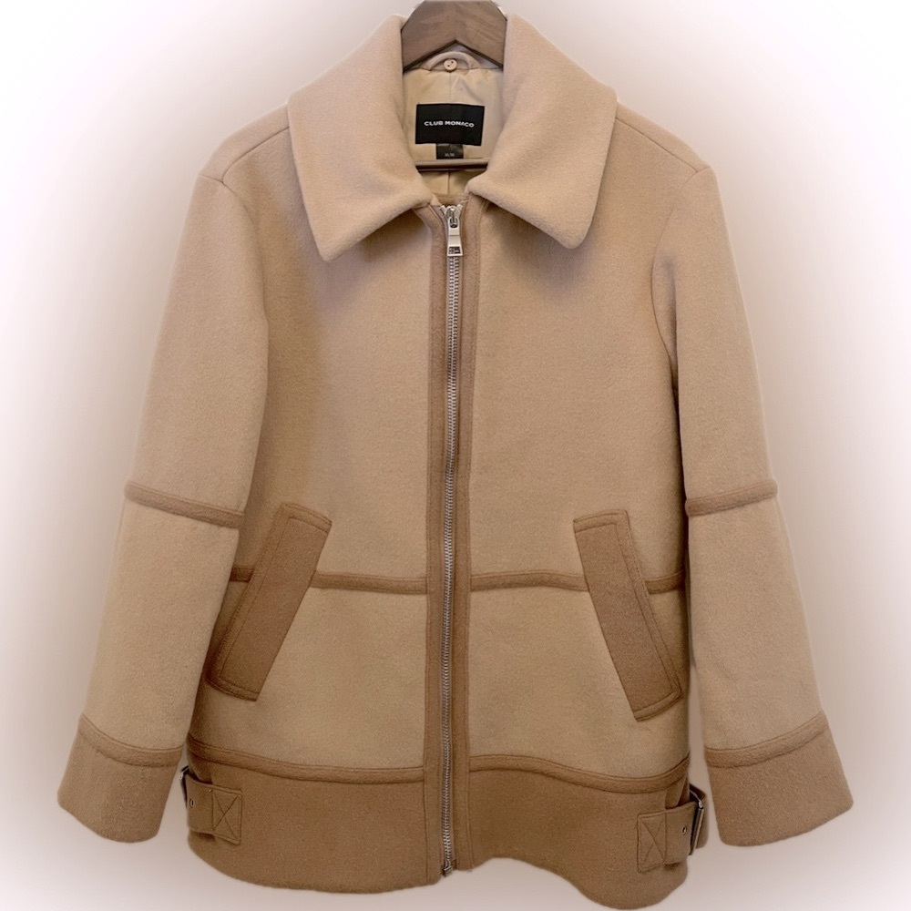 Club Monaco Wool Two Tone Camel Mixed Media Moto Jacket Size-M